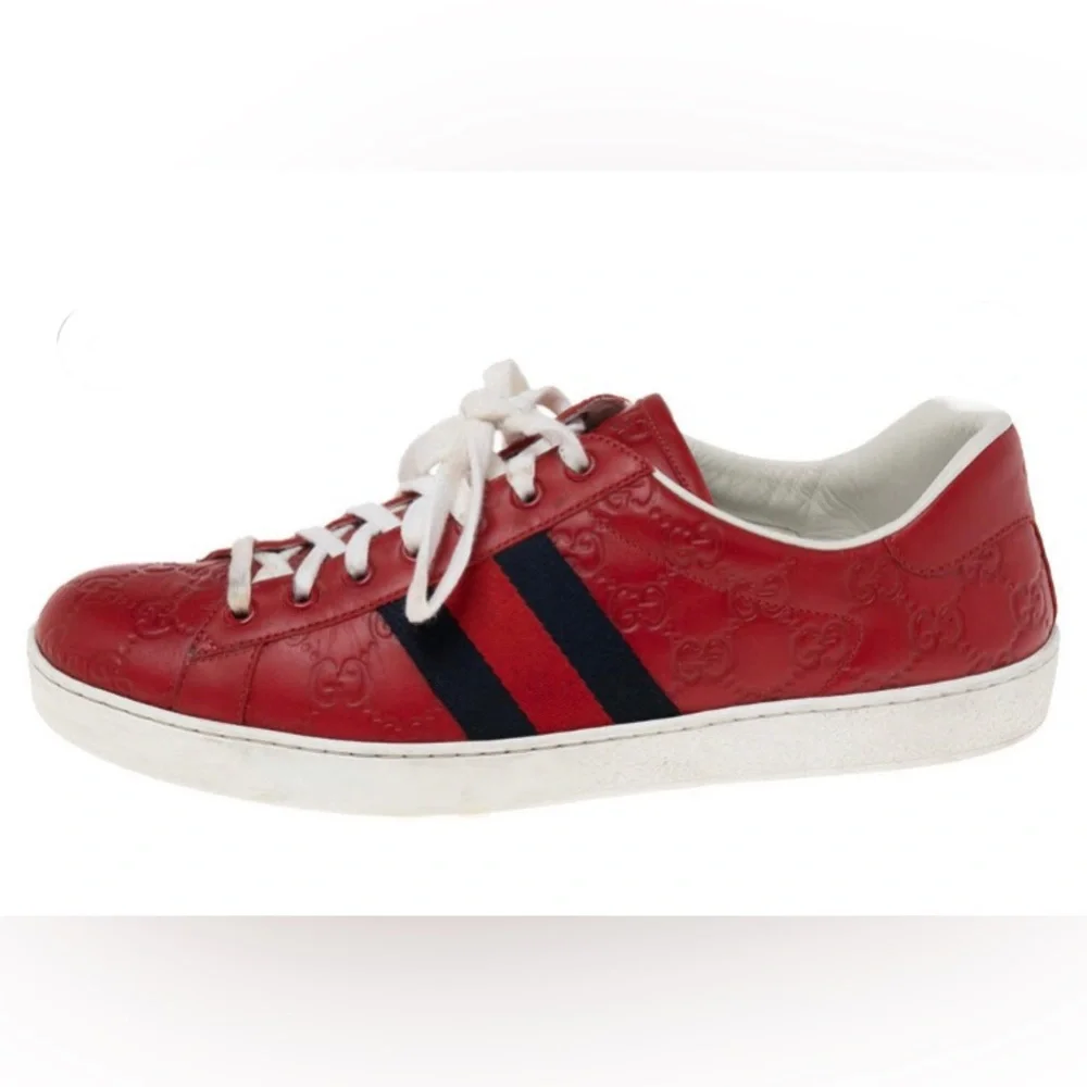 Authentic Gucci Red Monogram Leather Sneakers - GG Embossed - Navy Web - Size 42
